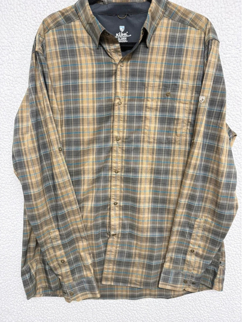 KÜHL Men’s XL Plaid Long Sleeve Snap Button Shirt Tan Gray Blue Outdoor